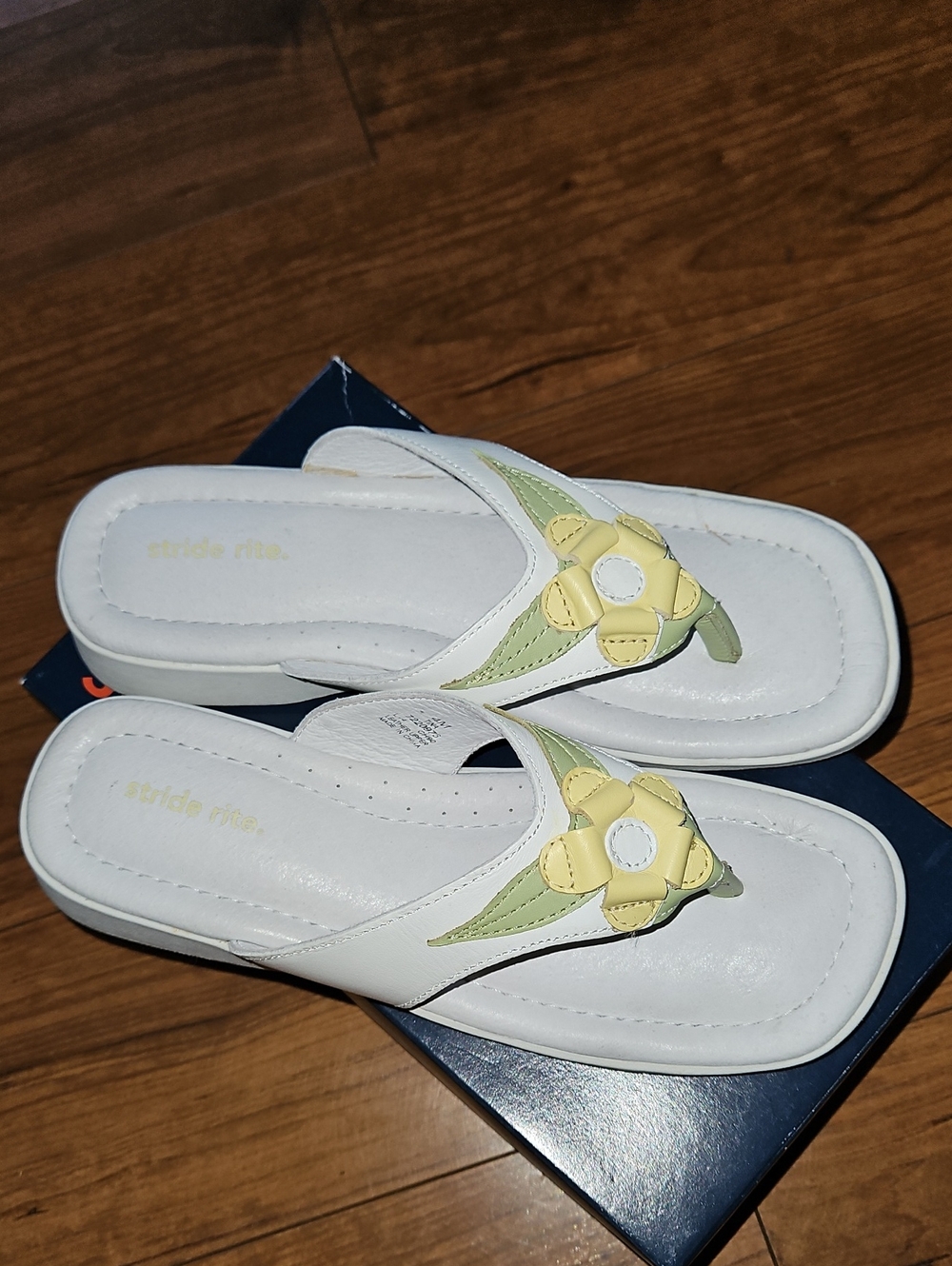 Stride Rite White Leather Sandal with Yellow and Light Green Flower Accents - Picture 2 of 12